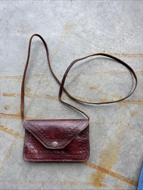 Vintage Handbags - Vintage Tooled Leather Crossbody Envelope Purse Brown Boho Western Festival Bag